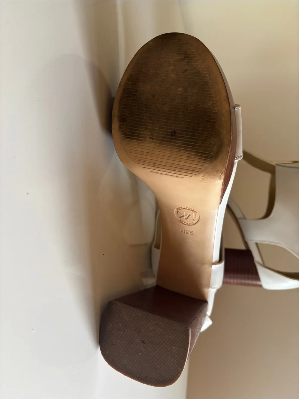 Michael Kors Cream Leather T-Strap Block Heel Sandals with Gold Zip